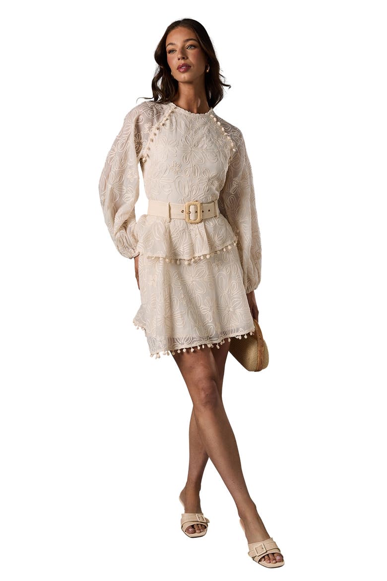 Long Sleeve Tiered Skirt Belted Dress, Main, color, Cream