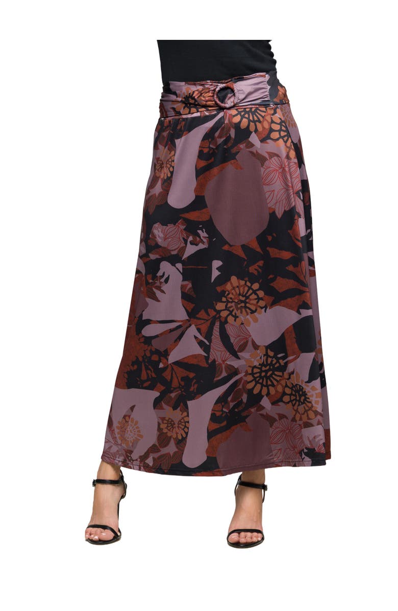 24seven Comfort Apparel Floral Print Maxi Skirt with Buckle Waist, Main, color, Gray Multi