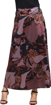 24seven Comfort Apparel Floral Print Maxi Skirt with Buckle Waist