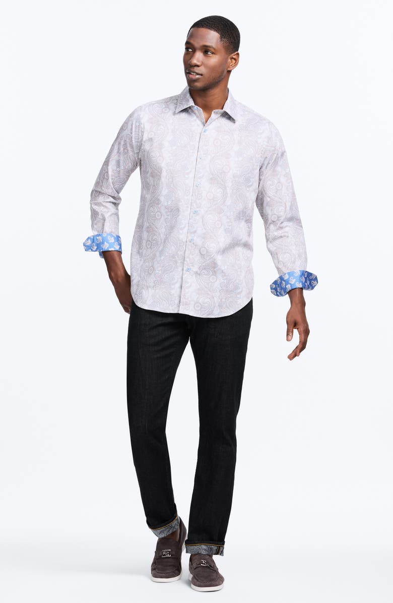 Robert Graham Auberry Paisley Stretch Cotton Button-Up Shirt, Alternate, color, Tan