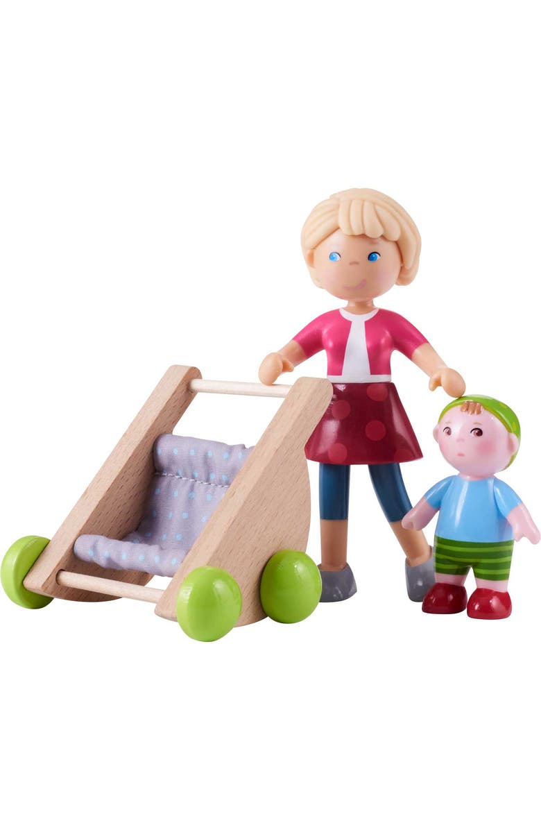 HABA Little Friends Mom Melanie and Baby Liam Dollhouse Figures with Stroller, Main, color, Multi