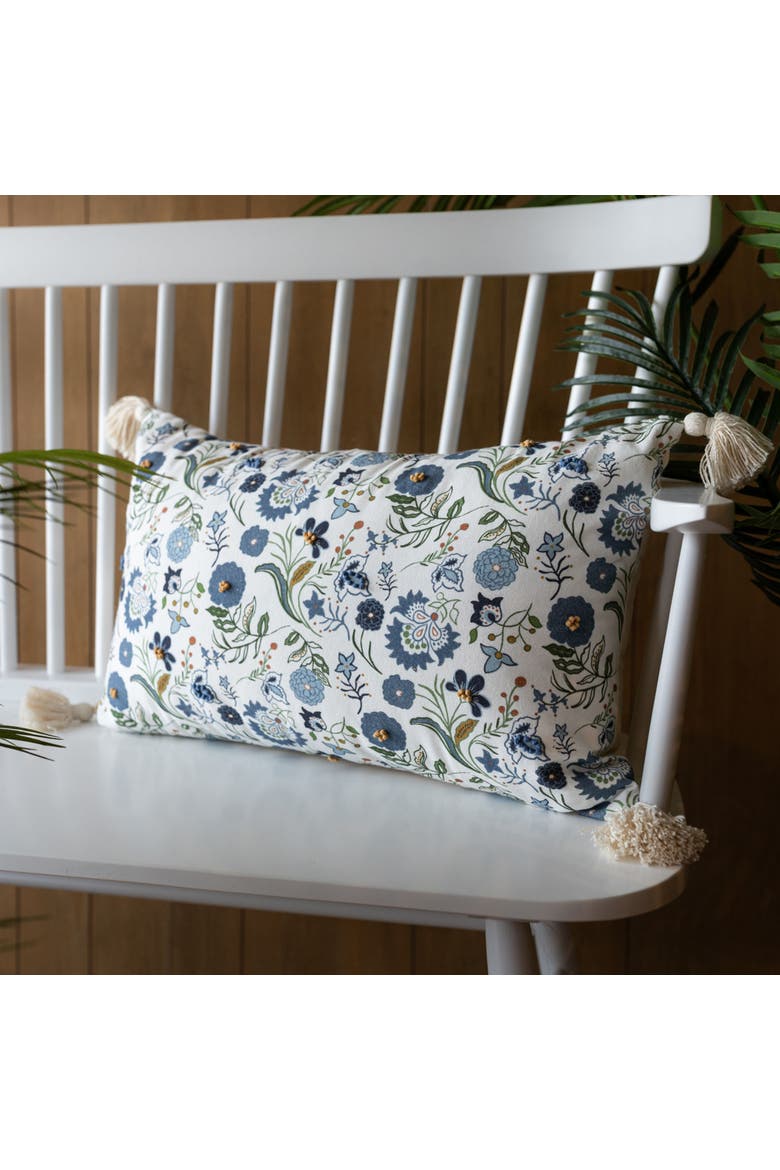 Blue Floral Marguerite Suzani Lumbar Accent Pillow, 14" x 22" w/ Tassels, Alternate, color, Blue
