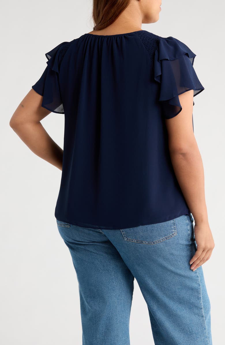 CeCe Ruffle Sleeve Tie Neck Top, Alternate, color, Classic Navy