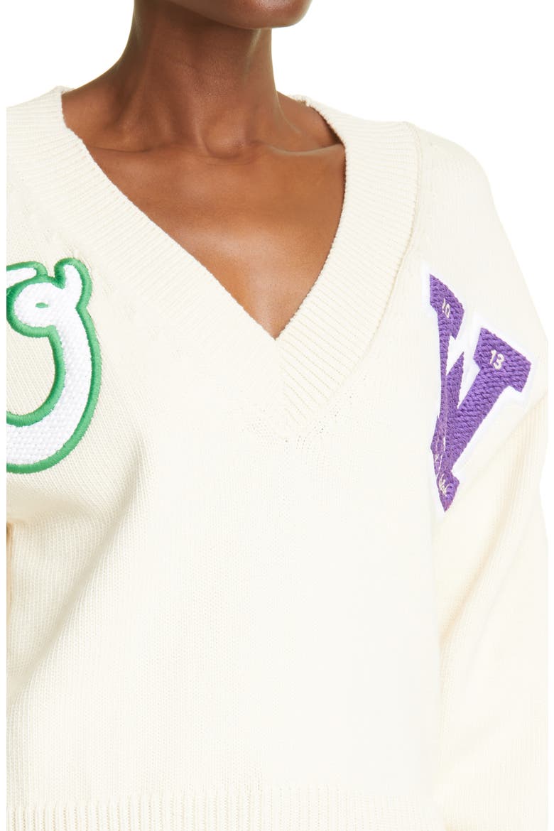 Varsity Logo V-Neck Cotton Blend Sweater, Alternate, color, BEIGE VIOLET