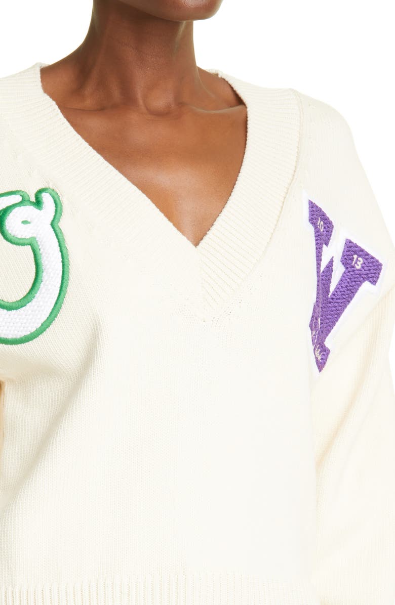 Off-White Varsity Logo V-Neck Cotton Blend Sweater, Alternate, color, 