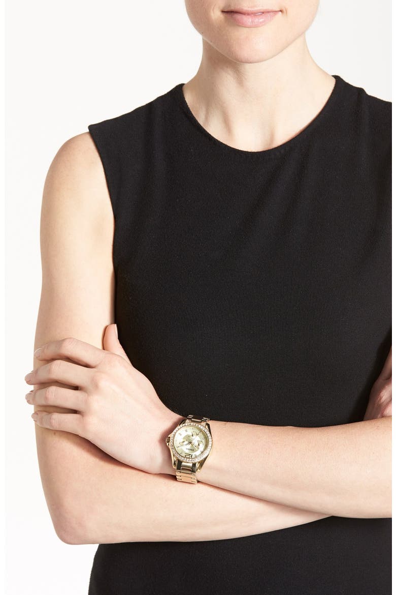 'Riley' Round Crystal Bezel Bracelet Watch, 38mm, Alternate, color, GOLD