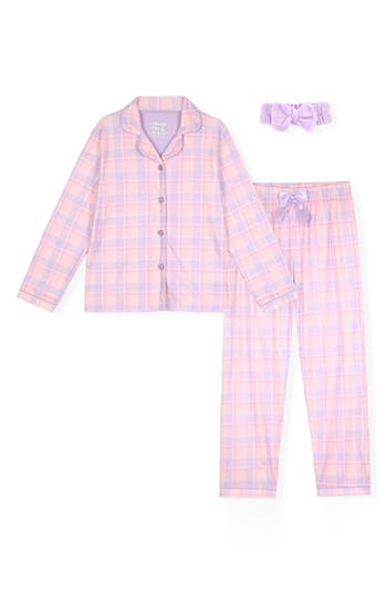 Sleep On It Kids' Check Two-piece Long Pajamas & Headband Set In Pink