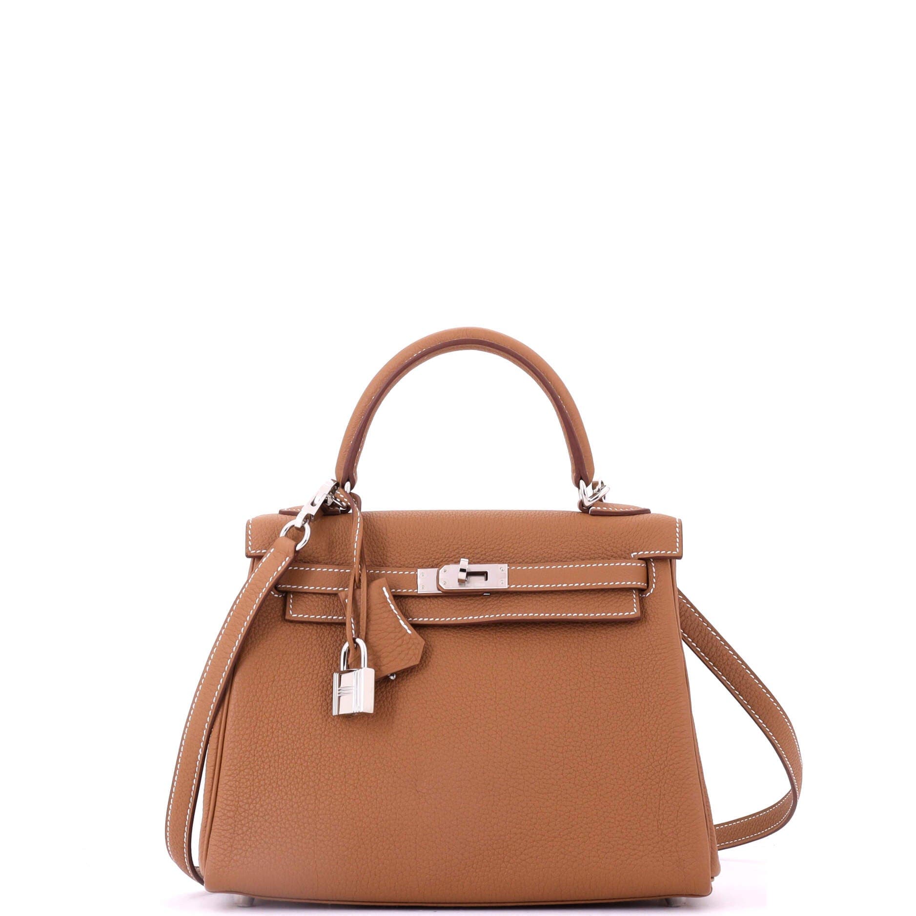 Pre-Owned Hermes Kelly Handbag Brown Togo with Palladium Hardware 25, Main, color, Gold