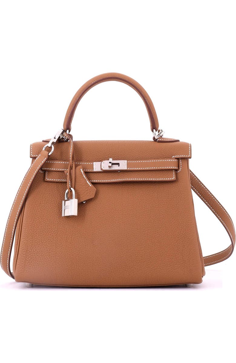 Pre-Owned Hermes Kelly Handbag Brown Togo with Palladium Hardware 25, Main, color, Gold