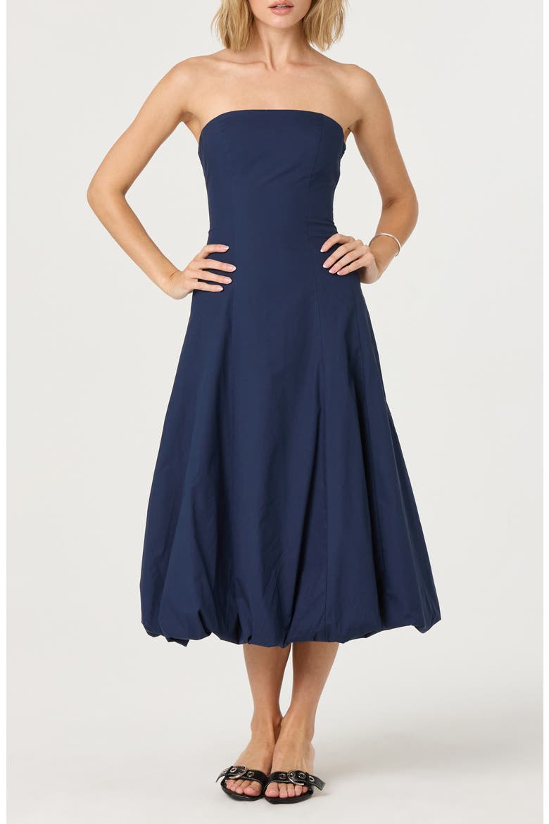 Strapless Bubble Hem Cotton Poplin Midi Dress, Main, color, NAVY