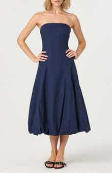 ASTR the Label Strapless Bubble Hem Cotton Poplin Midi Dress