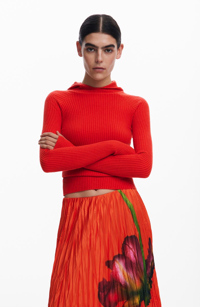 Desigual Floral Pleated Satin Maxi Skirt, Alternate, color, Coral