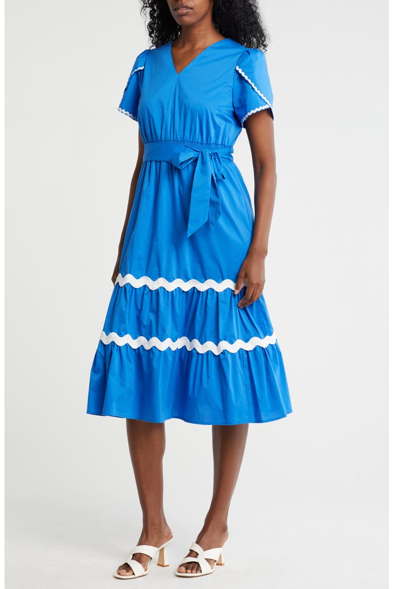 Wavy Lace Trim Tie Waist Midi Dress, Main, color, COBALT/ WHITE