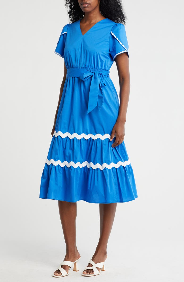 Nanette Lepore Wavy Lace Trim Tie Waist Midi Dress, Main, color, Cobalt/ White