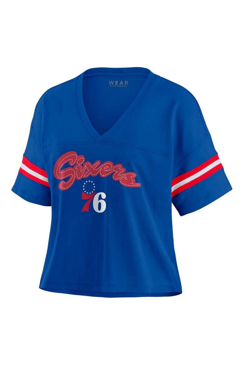Women's WEAR by Erin Andrews Royal Philadelphia 76ers Plus Size Color Block Boxy V-Neck T-Shirt, Alternate, color, Royal