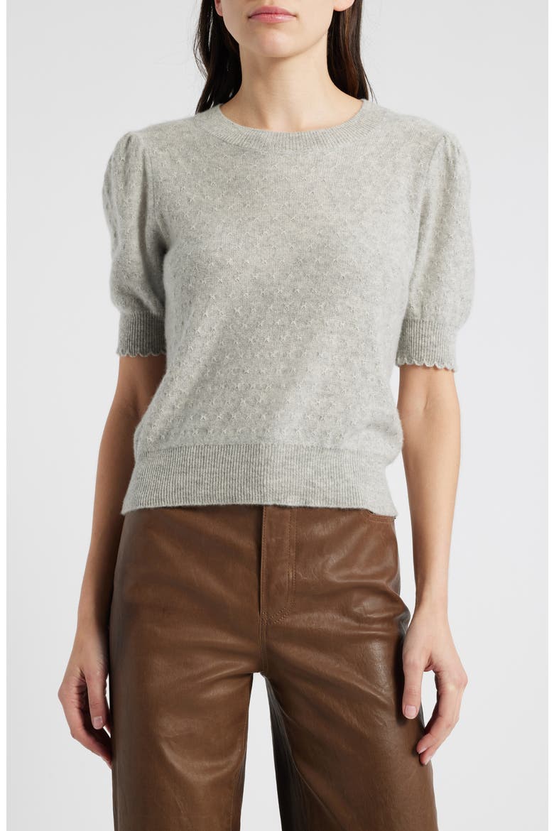 Puff Sleeve Pointelle Cashmere Sweater, Main, color, LIGHT HEATHER GREY
