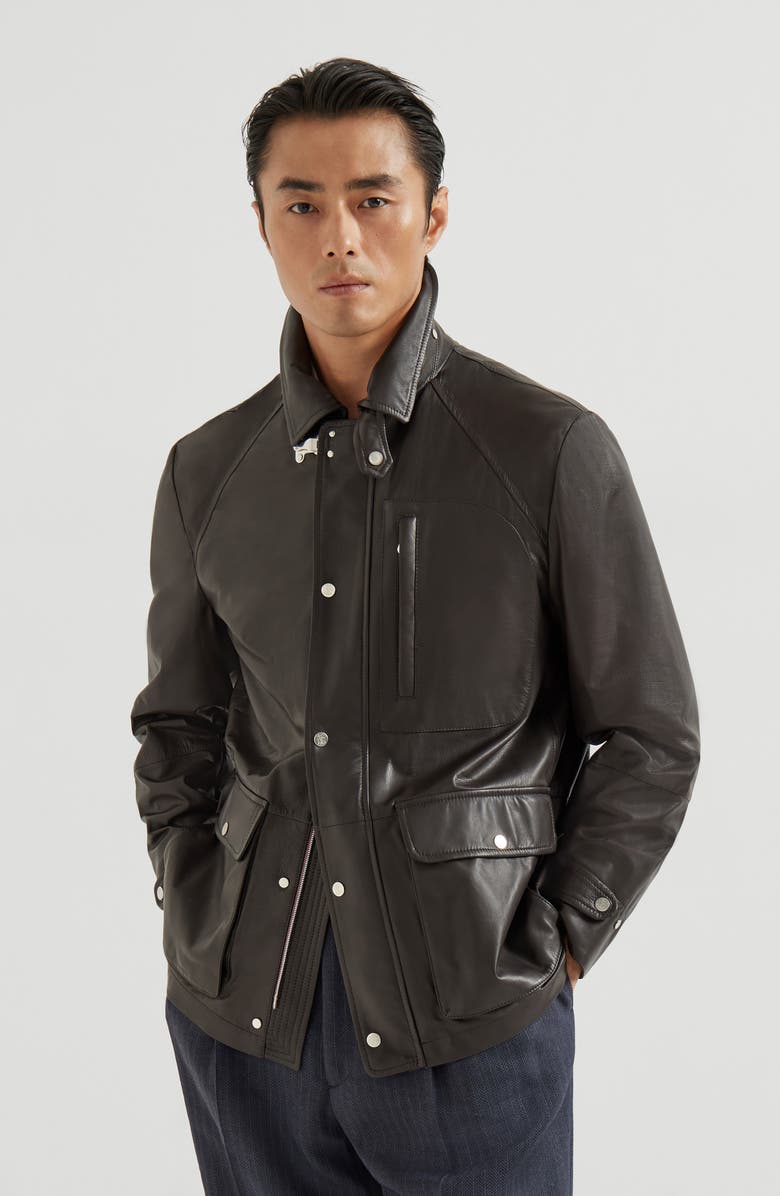 Brunello Cucinelli Calfskin field jacket, Alternate, color, Chocolate