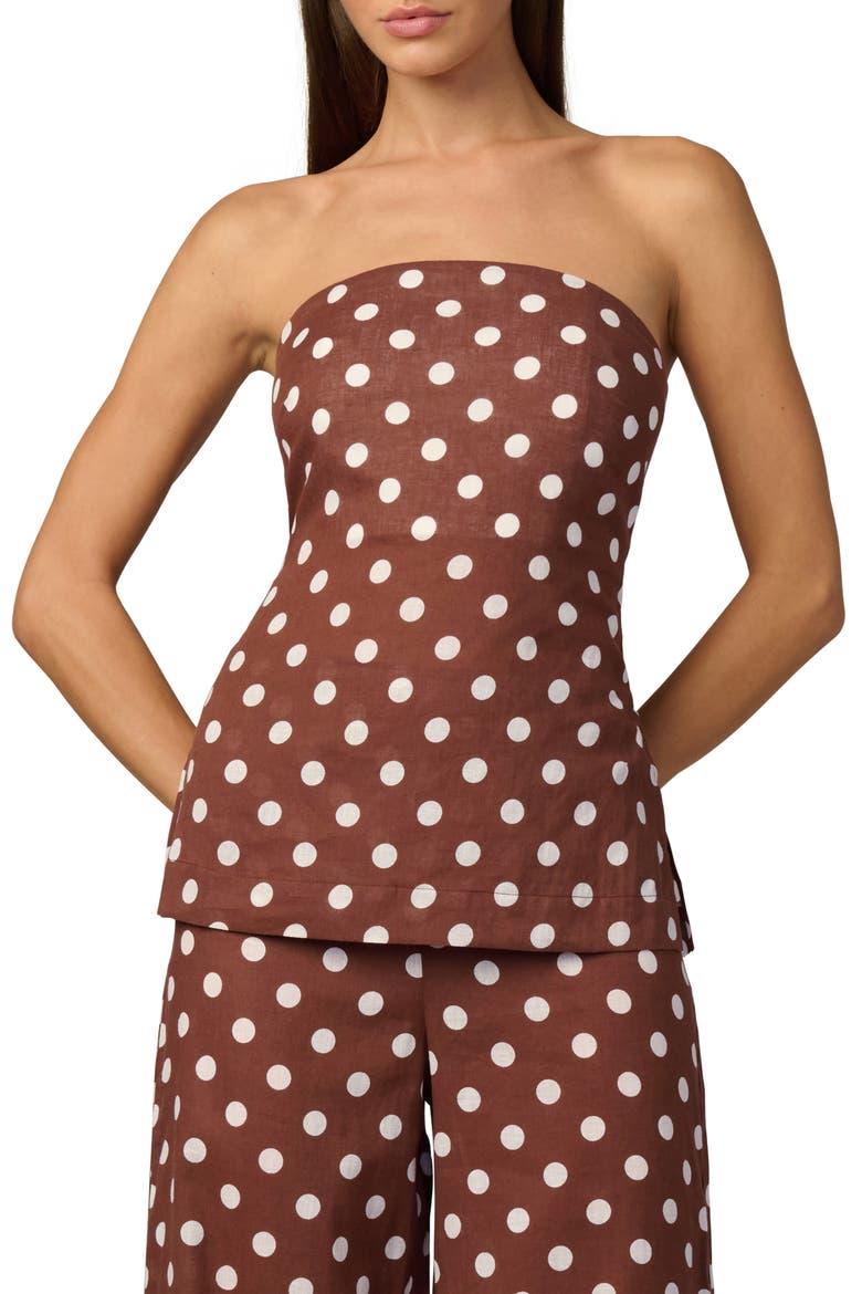 The Mariel Dot Strapless Linen & Cotton Top, Alternate, color, CHOCOLATE/ ECRU DOT
