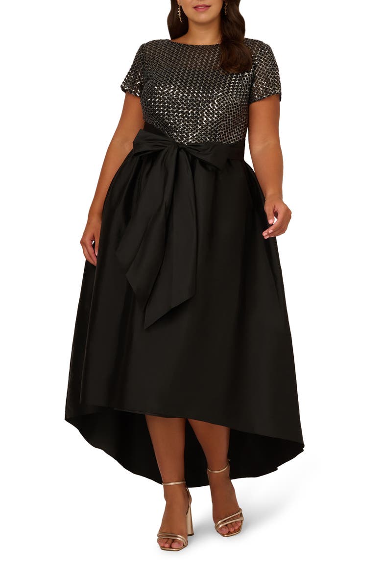 Sequin Bodice High-Low Taffeta Gown, Main, color, BLACK/ GUNMETAL