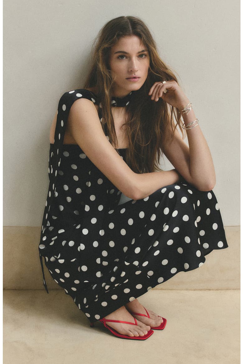 Polka Dot Strapless Midi Dress with Scarf Detail, Alternate, color, BLACK