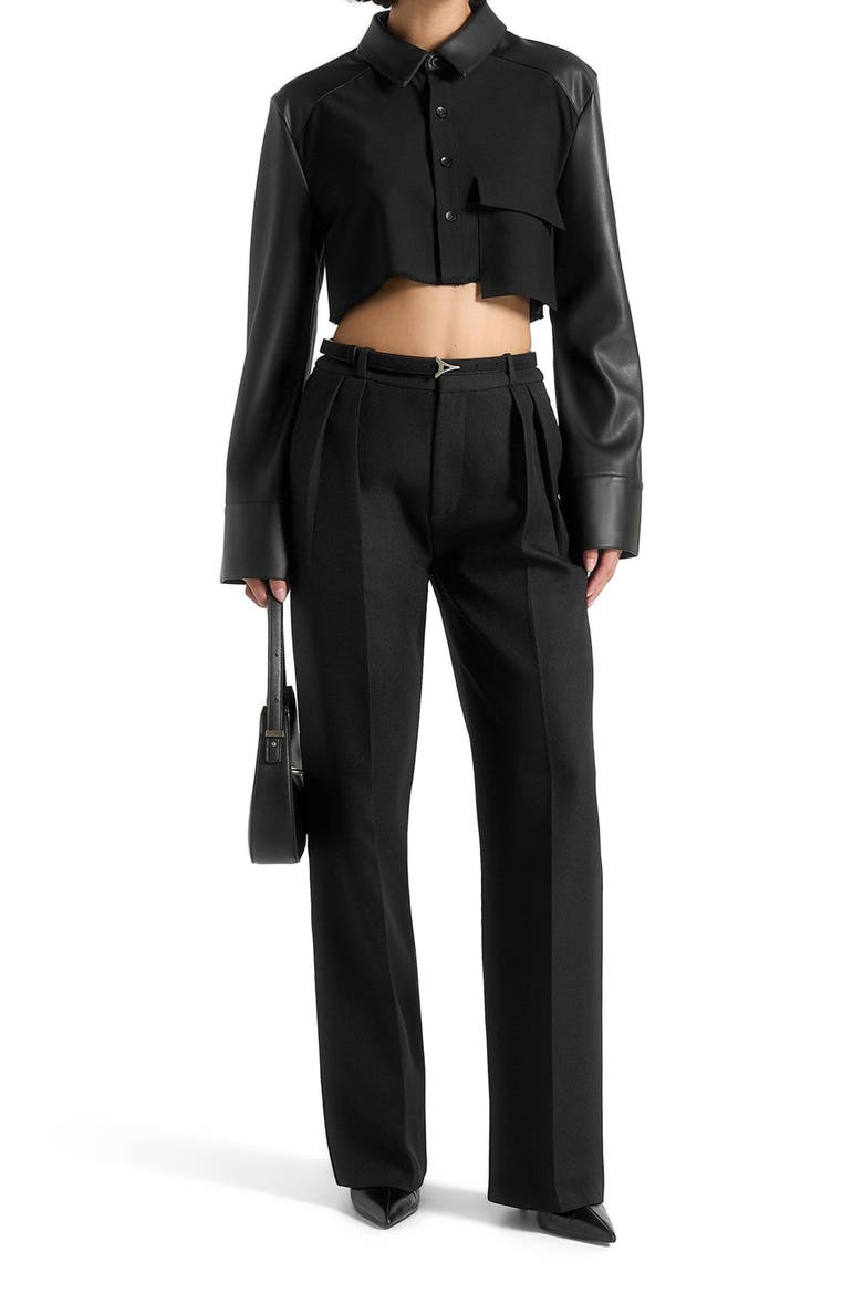 Bernadette Leather Contrast Cropped Shirt, Main, color, Black
