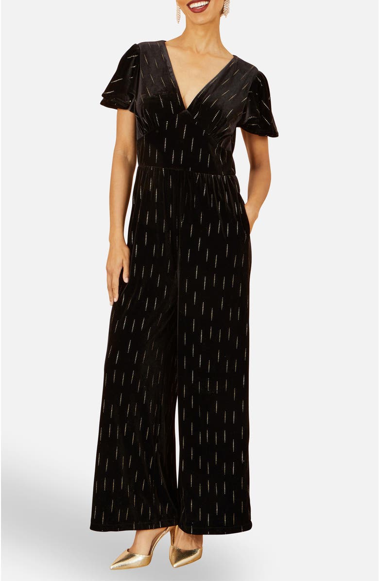 Yumi Foil Print Velvet Jumpsuit, Alternate, color, Black
