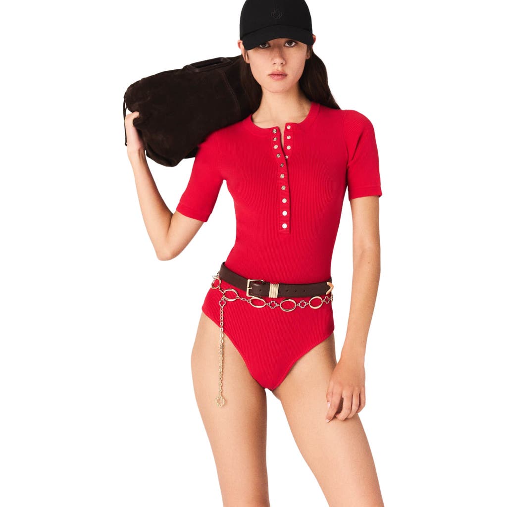 Maje Ribbed Knit Sleeve Bodysuit In Red