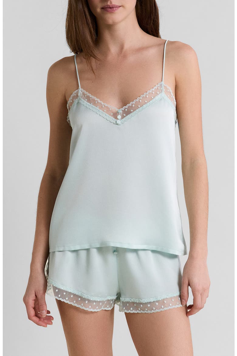 Plume Lace Trim Satin Camisole, Main, color, BLUE GREEN