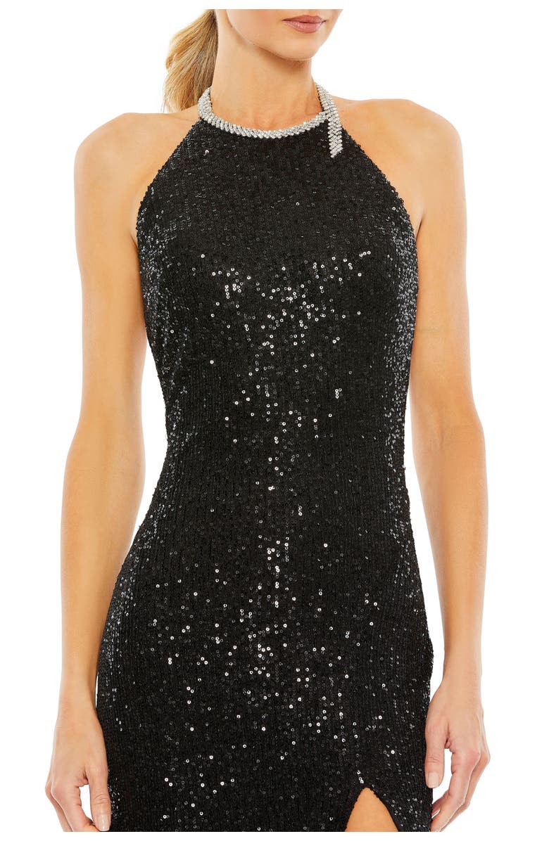 Mac Duggal Sequined High Neck Rhinestone Trim Column Gown, Alternate, color, Black