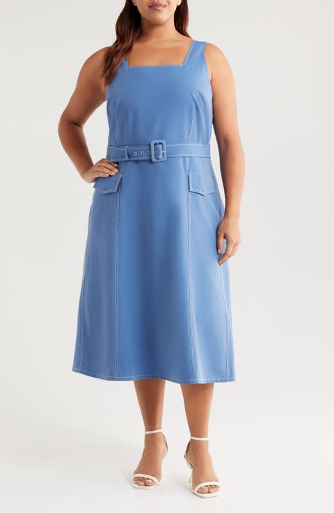 Belted Denim Midi Dress (Plus)