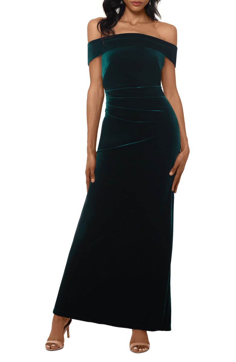 Xscape Evenings Xscape Off the Shoulder Velvet Gown, Main, color, 
