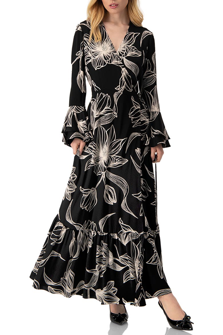 Long Black Dress with White Floral Print, Main, color, Black