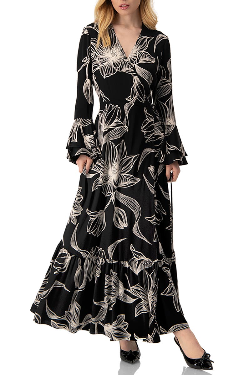 IVONNE Long Black Dress with White Floral Print, Main, color, Black