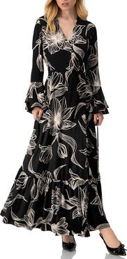 IVONNE Long Black Dress with White Floral Print