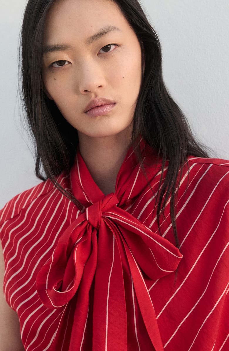 MANGO Stripe Tie Neck Top, Alternate, color, Red