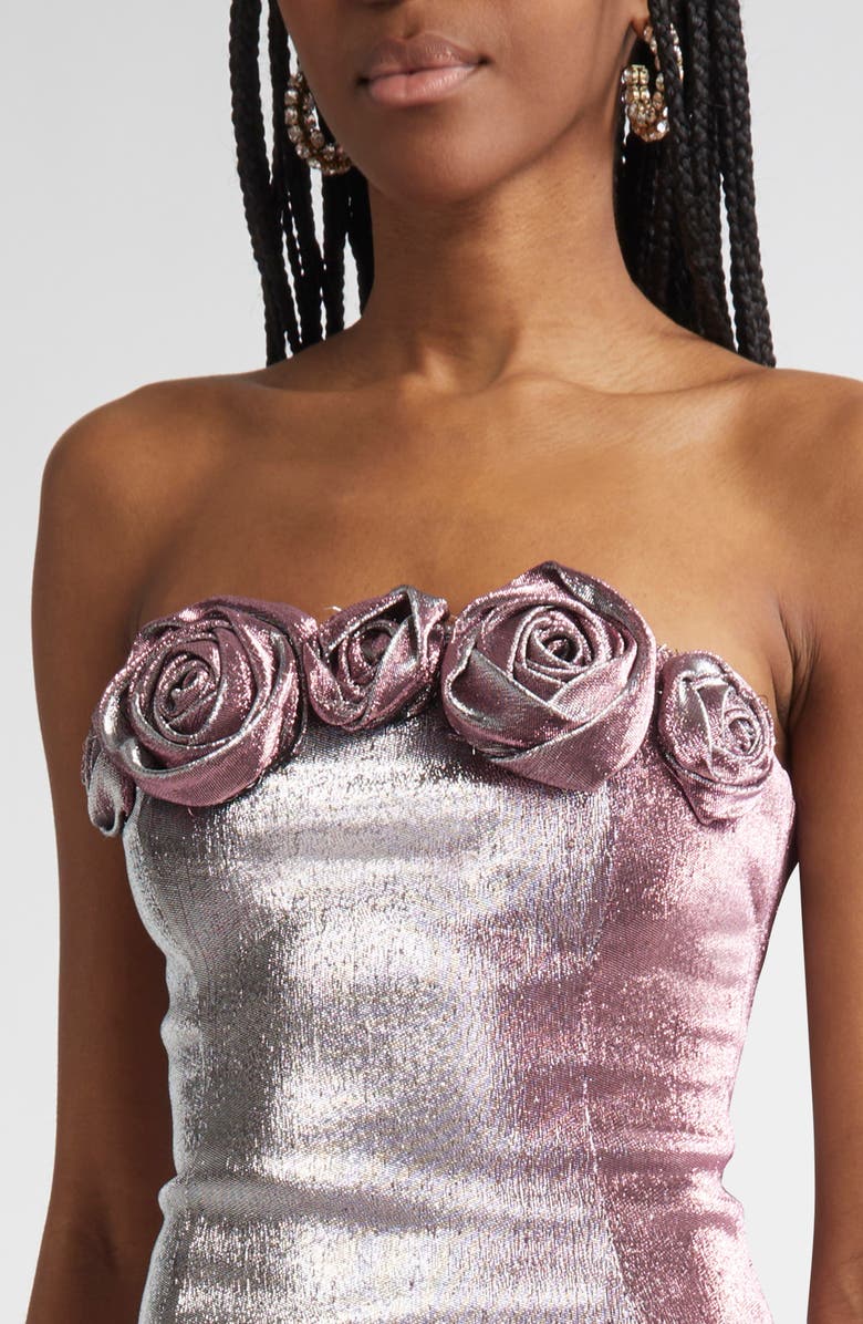 Area Rosette Metallic Stretch Lamé Strapless Midi Dress, Alternate, color, 