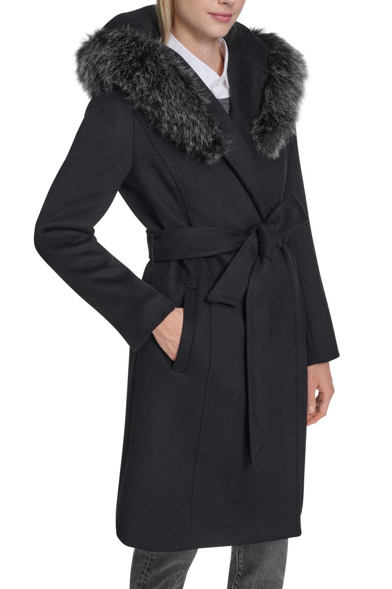 Slick Wool Blend Coat with Faux Fur Trim Hood, Alternate, color, BLACK