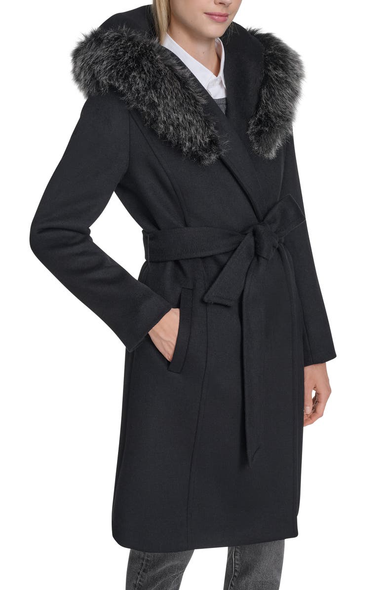 Cole Haan Slick Wool Blend Coat with Faux Fur Trim Hood, Alternate, color, Black