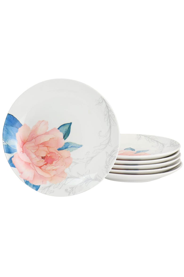 8 Inch Fine Ceramic 6 Piece Floral Decorated Dessert Plate Set, Main, color, White