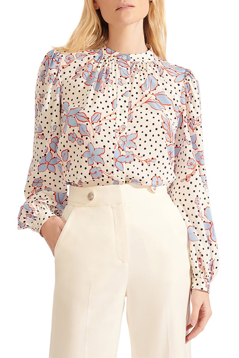 Ashlynn Floral Polka Dot Stretch Silk Blouse, Main, color, WHITE MULTI