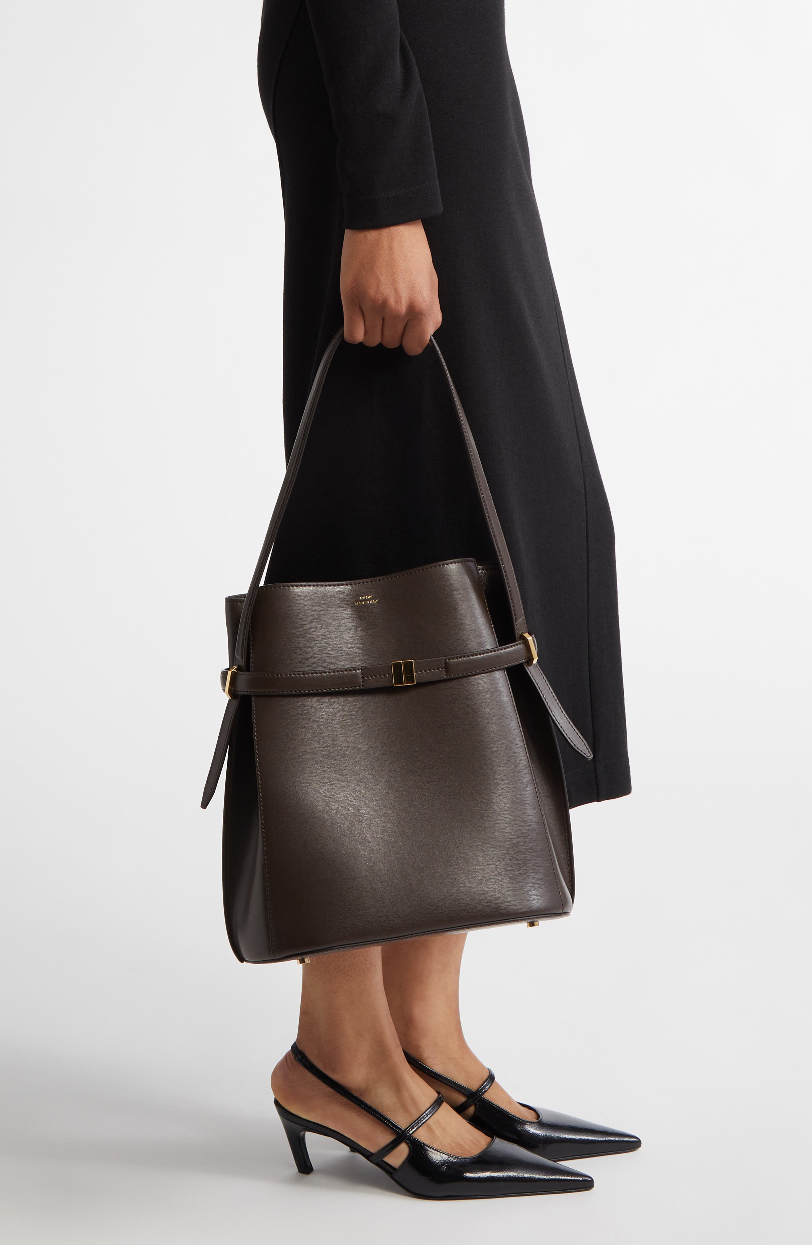 Belted Leather Bucket Bag, Alternate, color, BARK