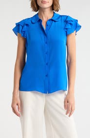 Alice + Olivia Ziggy Ruffle Cap Sleeve Silk Blend Top