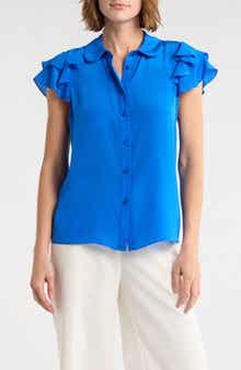 Alice + Olivia Ziggy Ruffle Cap Sleeve Silk Blend Top