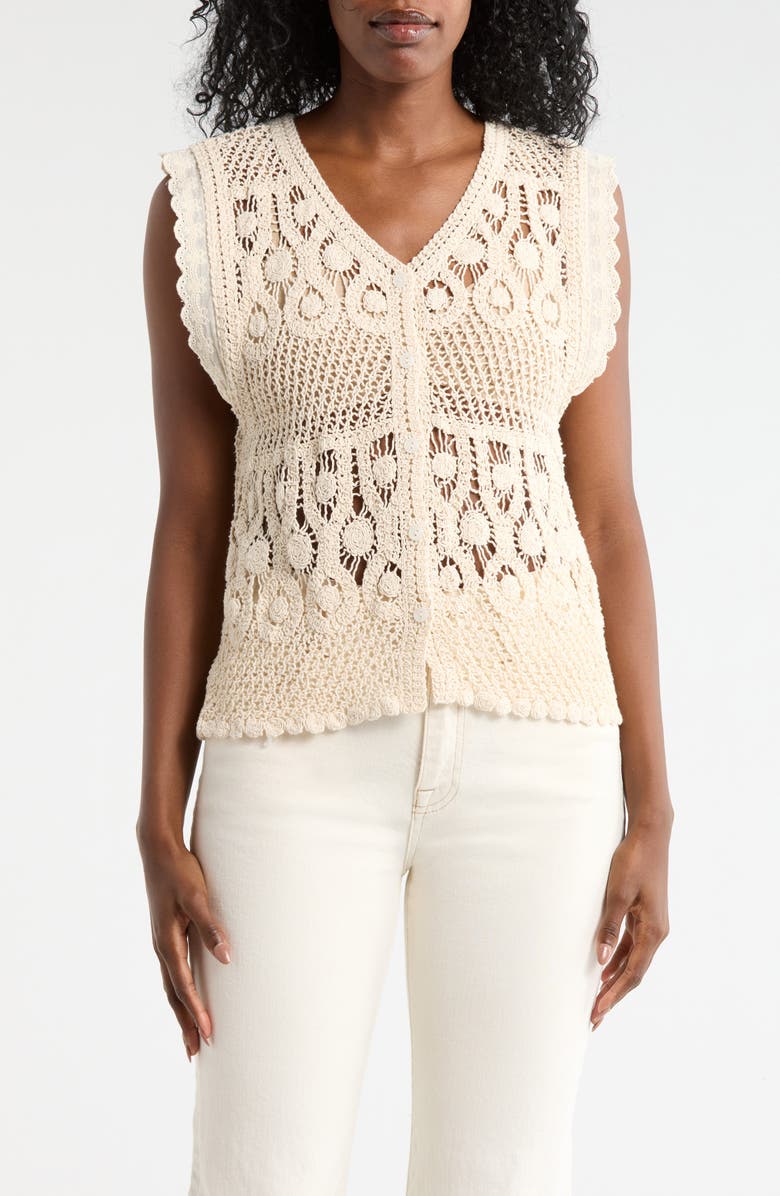 Forgotten Grace Crochet Button Tank, Main, color, Natural