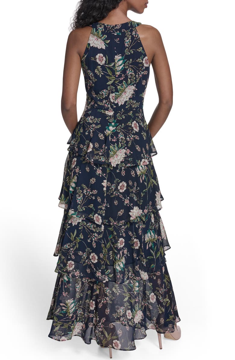 Tommy Hilfiger Floral Sleeveless Tiered Chiffon Maxi Dress, Alternate, color, Sky Captain Multi