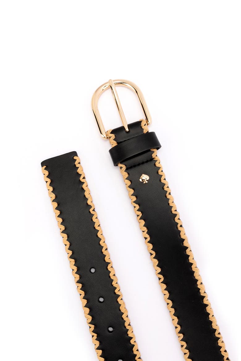 straw edge leather belt, Alternate, color, BLACK