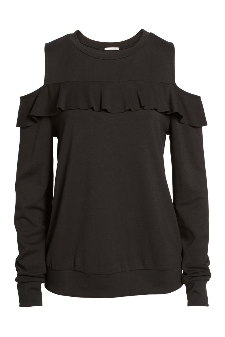 Ruffle Front Cold Shoulder Sweatshirt, Alternate, color, BLACK
