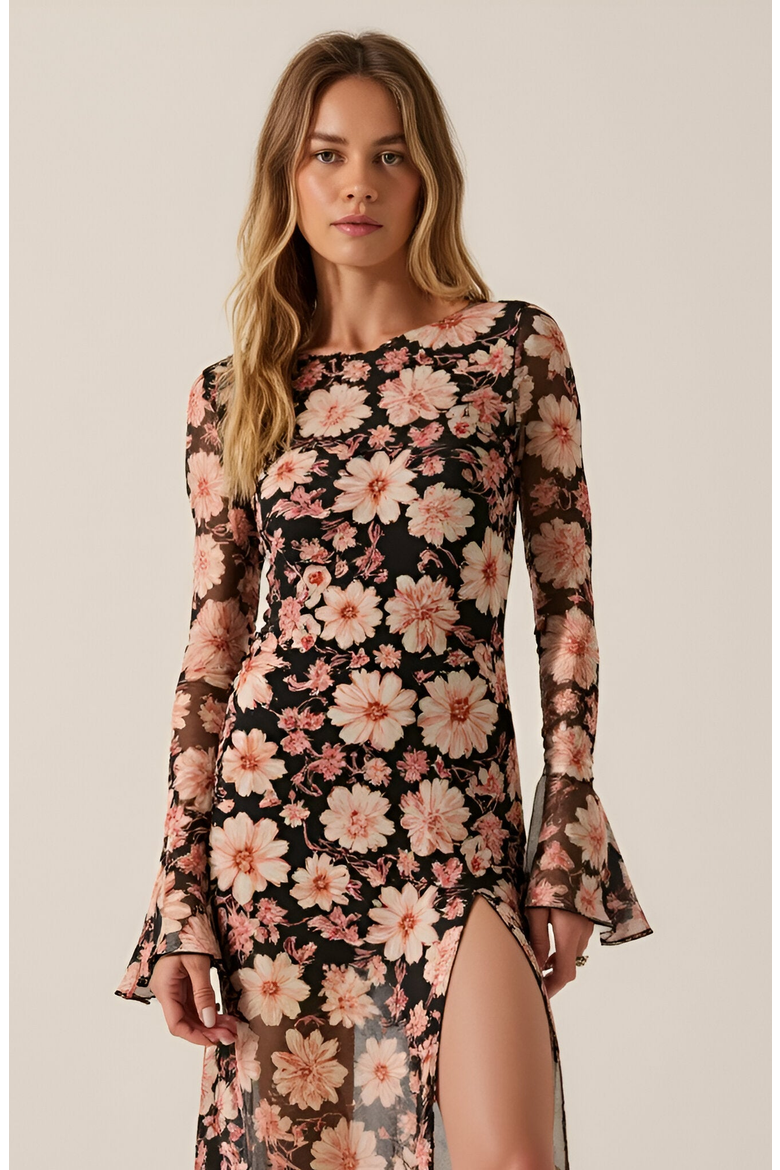 Floral Mesh Maxi Dress with Trumpet Sleeves, Drop Waist and Asymmetrical Slit Skirt, Alternate, color, Floral Mesh