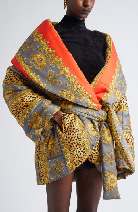 Reversible Belted Cheetah Stripe Wrap Puffer Jacket