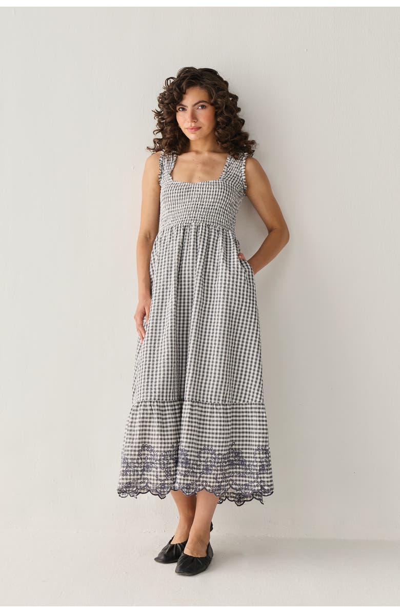 Reistor Smocked Maxi Dress in Checks, Alternate, color, Charcoal Check